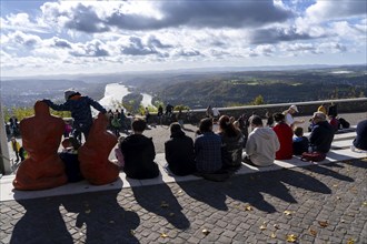 View from the Drachenfels plateau, on the Rhine to the south, tourists, the Drachenfels is a