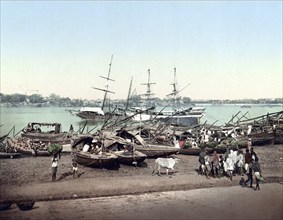 Hughlee boats in the harbour of Kolkata, Calcutta, India, Historic, digitally restored reproduction