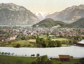 Interlaken and the Jungfrau, Aare River in foreground, Bernese Oberland, Switzerland, Historic,