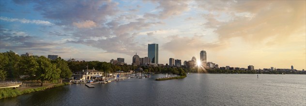 Panoramic view of Boston downtown and historic center from the landmark Longfellow bridge over