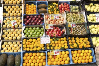 Close up of fruit stall in Barrio Macerana market, Seville, Spain, Europe