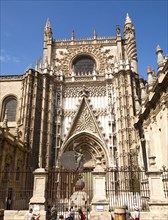 Detail of stonework of cathedral frontage, Seville, Spain, Europe