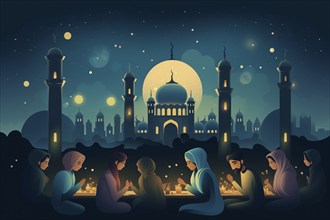 Essence of Ramadan, featuring people gathered and eating near a mosque under a starry night sky,