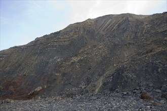 Lower lias rocks folded in an anticline structure, Watchet, Somerset, England, United Kingdom,