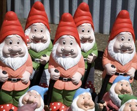 Colourful garden gnomes lined up for sale, UK