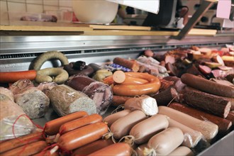 Sausage counter in a butcher's shop