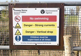 Environment Agency rules about drainage sluice safety, Oxley Marshes, Hollesley, Suffolk, England,