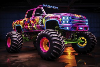 Monster truck illuminated by neon lights, excitement and thrill of an extreme sport and