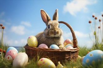 Cute Easter bunny sits beside a basket filled with colorful, decorated eggs amidst a vibrant green