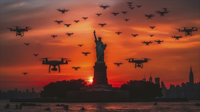 Swarm of UAV unmanned aircraft drones flying near the United States statue of liberty in new york,