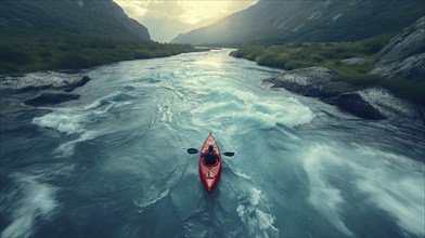 Aerial view of A kayaker paddling the rapids of a beautiful mountain river. generative AI, AI