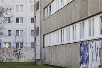 Prefabricated buildings, photographed in the Berlin district of Lichtenberg in Berlin, 29/02/2024