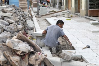 Oaxaca, Mexico, Workers rebuild Carlos Maria Bustamante Street in the center of Oaxaca City. Most