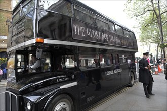 Black double decker bus, Ghost Bus tours, London, England, United Kingdom, Europe