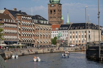 Gammel Strand Square, city centre, on Slotholmens Canal, tower of Nikolaj Kunsthal, former church,