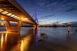 The Rhine bridge in Wesel, Lower Rhine bridge, road bridge of the federal road B58, evening