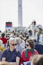 Tourists on the ferry Münsterland operated by shipping company AG Ems, crossing from the mainland