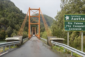 Suspension bridge Puente Exequiel Gonzalez over river Rio Palena, Carretera Austral, Patagonia,