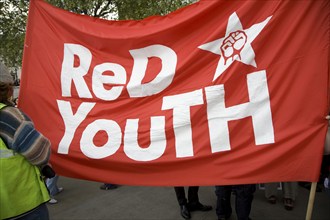 May Day march and rally at Trafalgar Square, London, England, UK May 1st, 2010 Red Youth banner