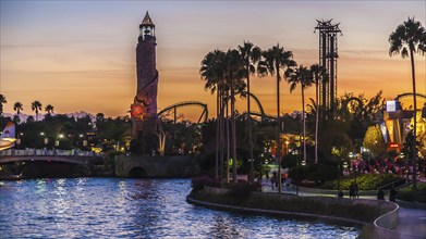 Tower indicates the entrance to Islands of Adventure at Universal Studios in Orlando, Florida, USA,