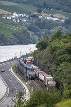 Upper Middle Rhine Valley, railway line on the right bank of the Rhine, goods train line, up to 400