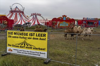 Circus Paul bush, shut down during the second corona lockdown, in Oberhausen, with posters pointing