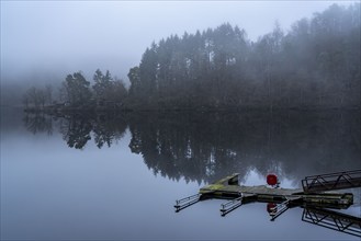 Lake Rursee in the Eifel, reservoir, upper lake, in winter, fog, near Heimbach, North