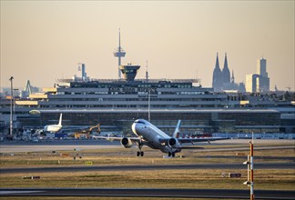 Eurowings Airbus taking off at Cologne-Bonn Airport, North Rhine-Westphalia, Germany, Europe