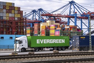 Port of Hamburg, Waltershofer Hafen, container ships, lorries bring and collect freight containers