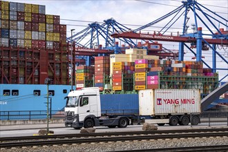 Port of Hamburg, Waltershofer Hafen, container ships, lorries bring and collect freight containers