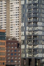 Facades of various high-rise buildings, residential buildings, in Hamburg, Altona