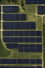 Complex layout of a photovoltaic power plant symmetrically arranged in rows of solar panels, AI