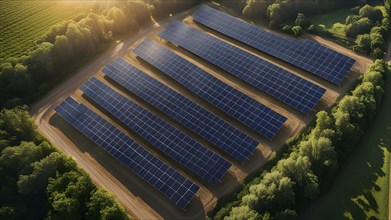 Top down aerial view of a photovoltaic plant arranged in symmetric rows, AI generated