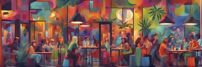 Abstract composition of a cannabis cafe with ambiance bold contrasting colors and playful shapes,