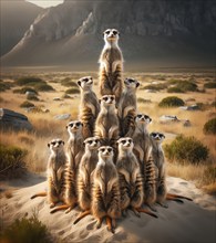 A group of meerkats forms a pyramid, AI generated, AI generated