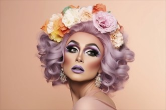 Drag queen with purple hair with flowers. KI generiert, generiert AI generated