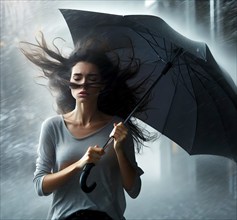 A young woman stands with an umbrella in a thunderstorm with rain and storm, symbol image