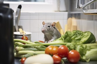 Rat sitting between food in restaurant kitchen. KI generiert, generiert AI generated