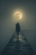 Silhouette of a lonely, sad woman on a concrete footbridge on a foggy full moon night, symbolic