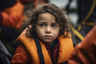 Yopung refugee child with safety swimming vest in boat full of people. KI generiert, generiert, AI