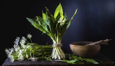 Wild garlic on a rustic table with a mortar and pestle in the background, Wild garlic, Allium