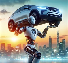 A humanoid robot lifts a car into the air, symbolic image cybernetics, science fiction, technology,