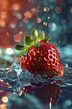 AI generated surreal food art blending a glistening strawberry with dragon scales texture