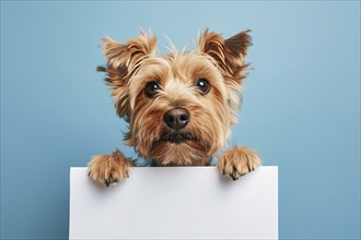 Dog holding empty sign in front of blue studio background. KI generiert, generiert, AI generated