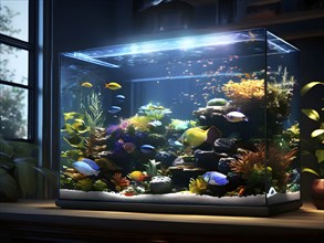 Large vibrant aquarium centerpiece in a cozy living room, AI generated