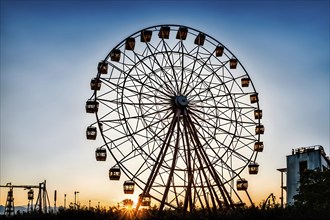 Old amusement park reclaimed by nature a rusted ferris wheel standing against the sky, AI generated