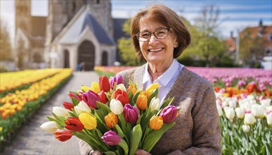 A smiling middle-aged woman with a bouquet of tulips in front of a church in the background,