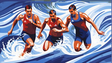 Abstract digital render of olympic swimmers morphing into fluid shapes in french tricolor blue red