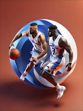 Abstract digital render of olympic basketball players morphing into fluid shapes of french tricolor