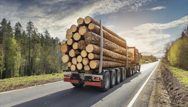 Forestry, timber industry, lorry, long timber transporter loaded with logs, on the road, AI